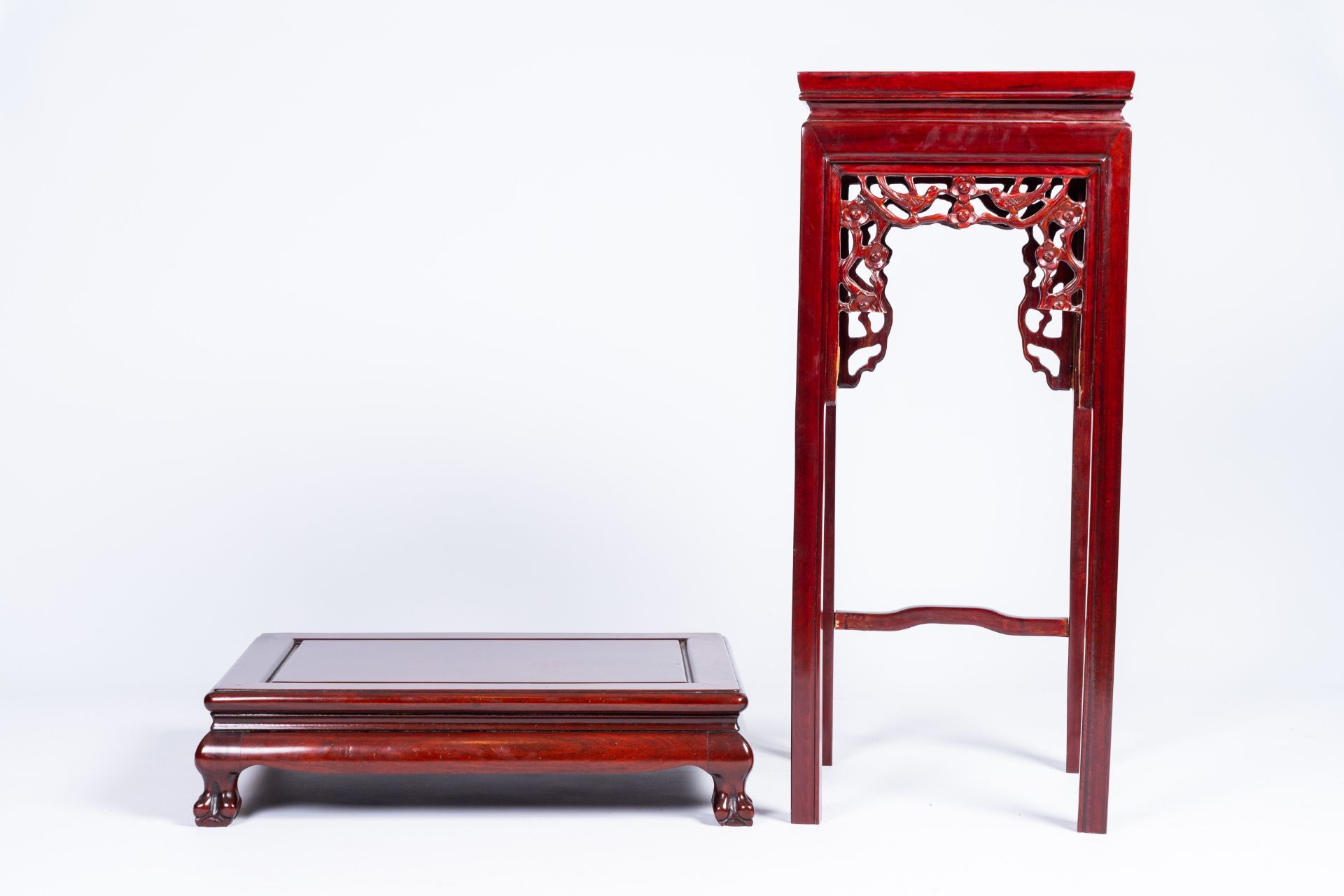 Three Chinese wood display stands and tables, 20th C. - Image 11 of 14