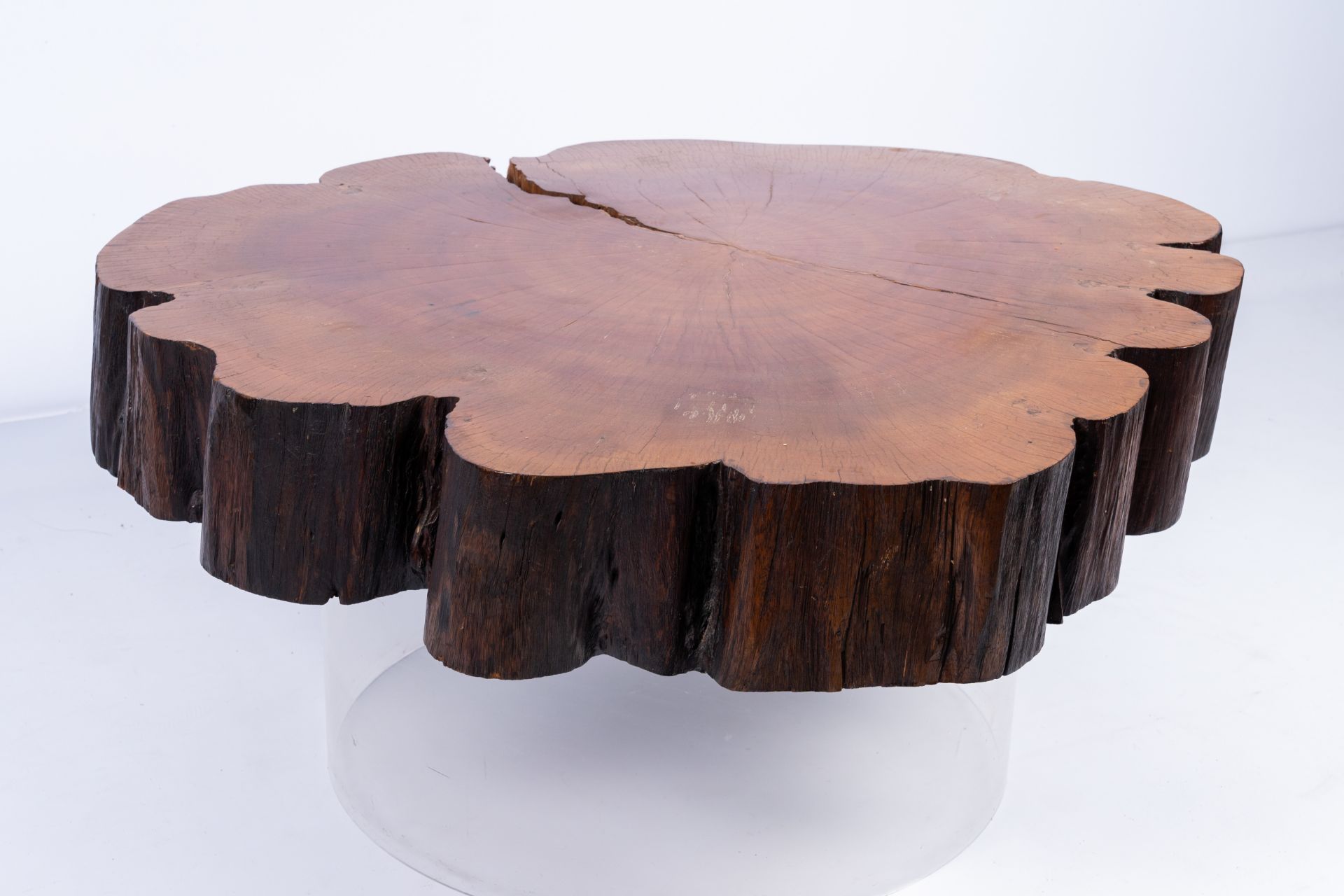 A Joaquim Tenreiro style tree trunk coffee table on a plexi base, third quarter of the 20th C. - Image 4 of 10