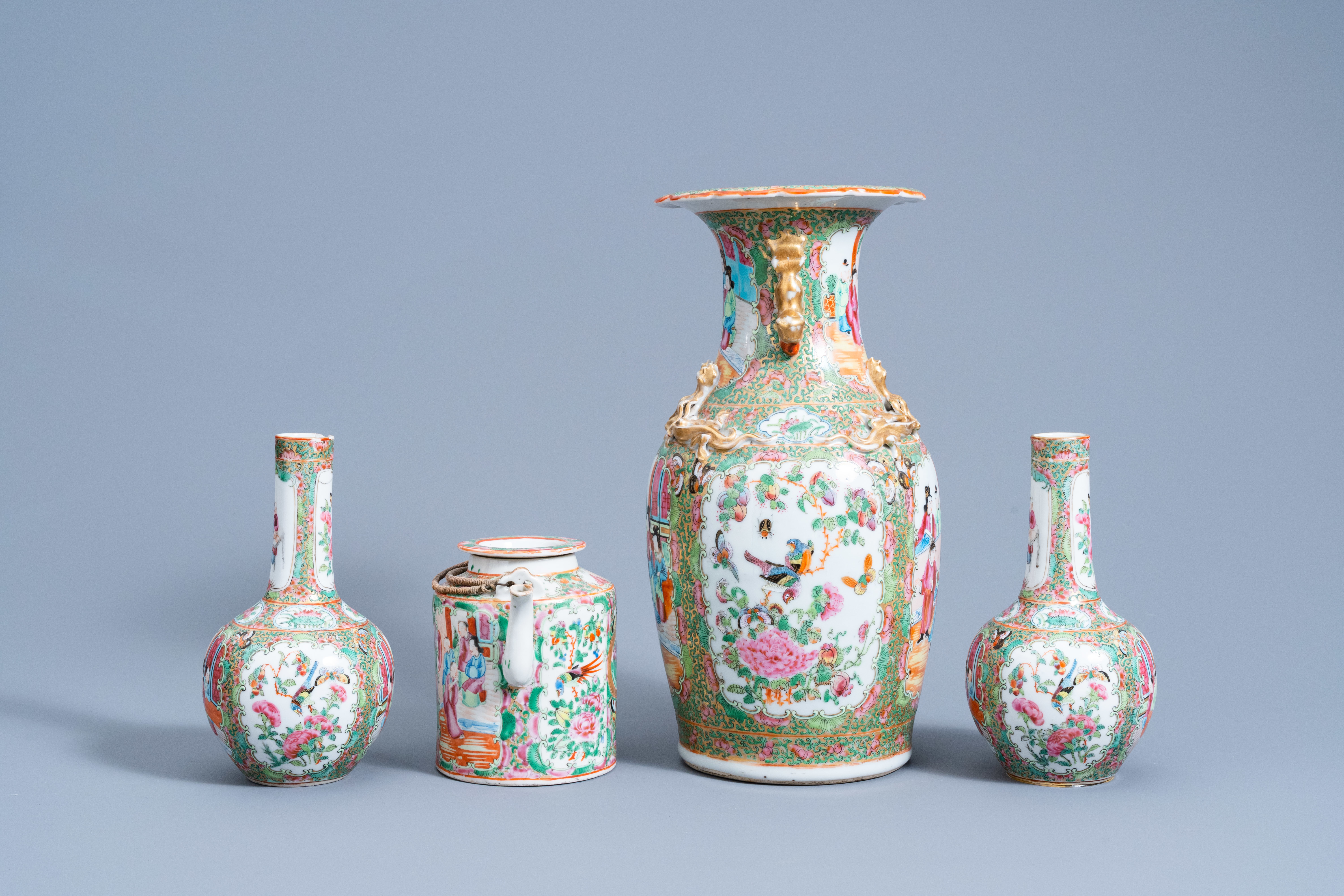 Eight Chinese Canton famille rose vases and a teapot and cover, 19th C. - Image 5 of 16