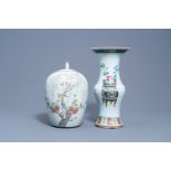 A Chinese qianjiang cai ginger jar with birds among blossoming branches and a famille rose 'antiquit