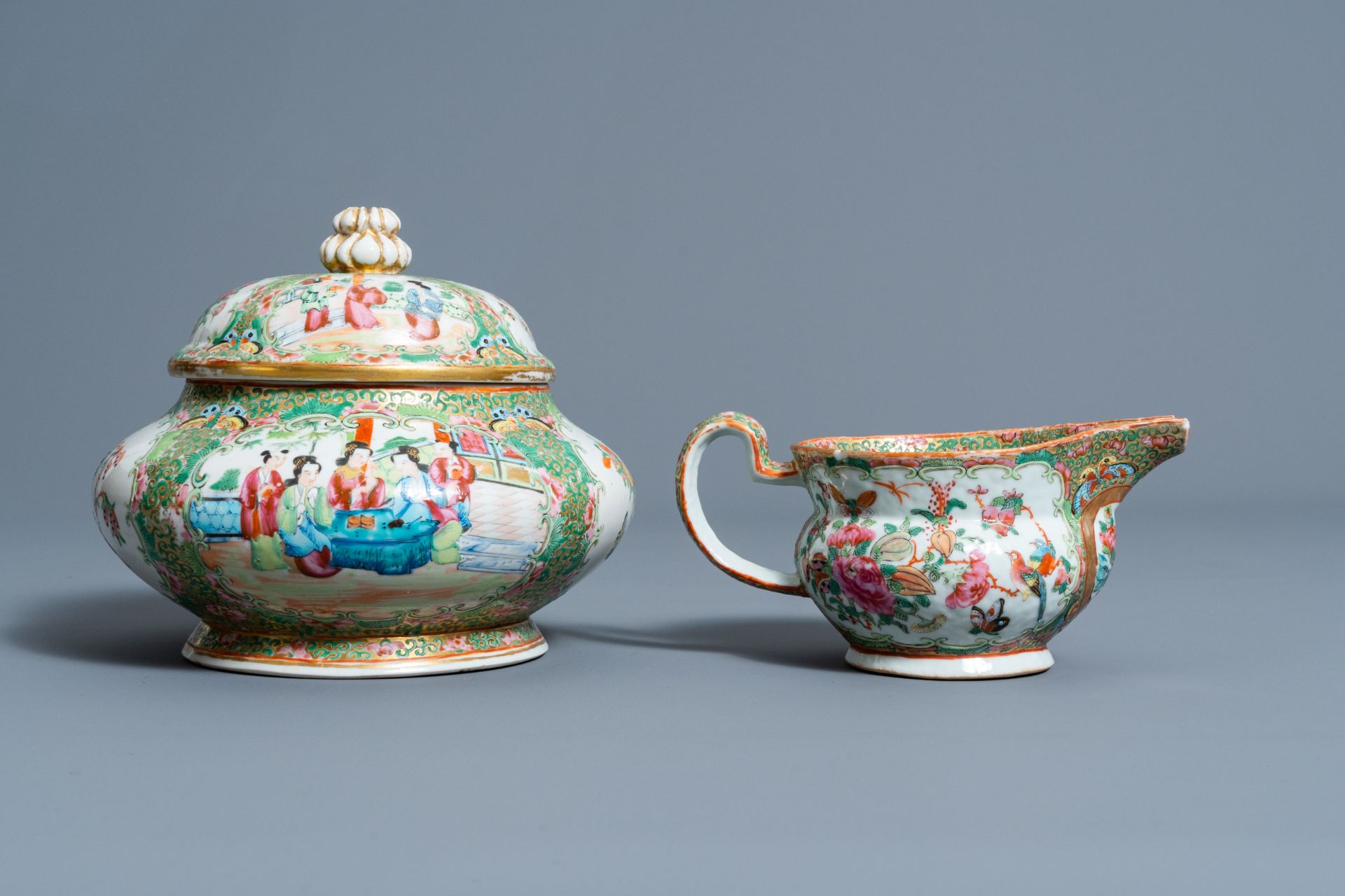 Six Chinese Canton famille rose vases, a jar and cover and a cream jug, 19th C. - Image 10 of 13