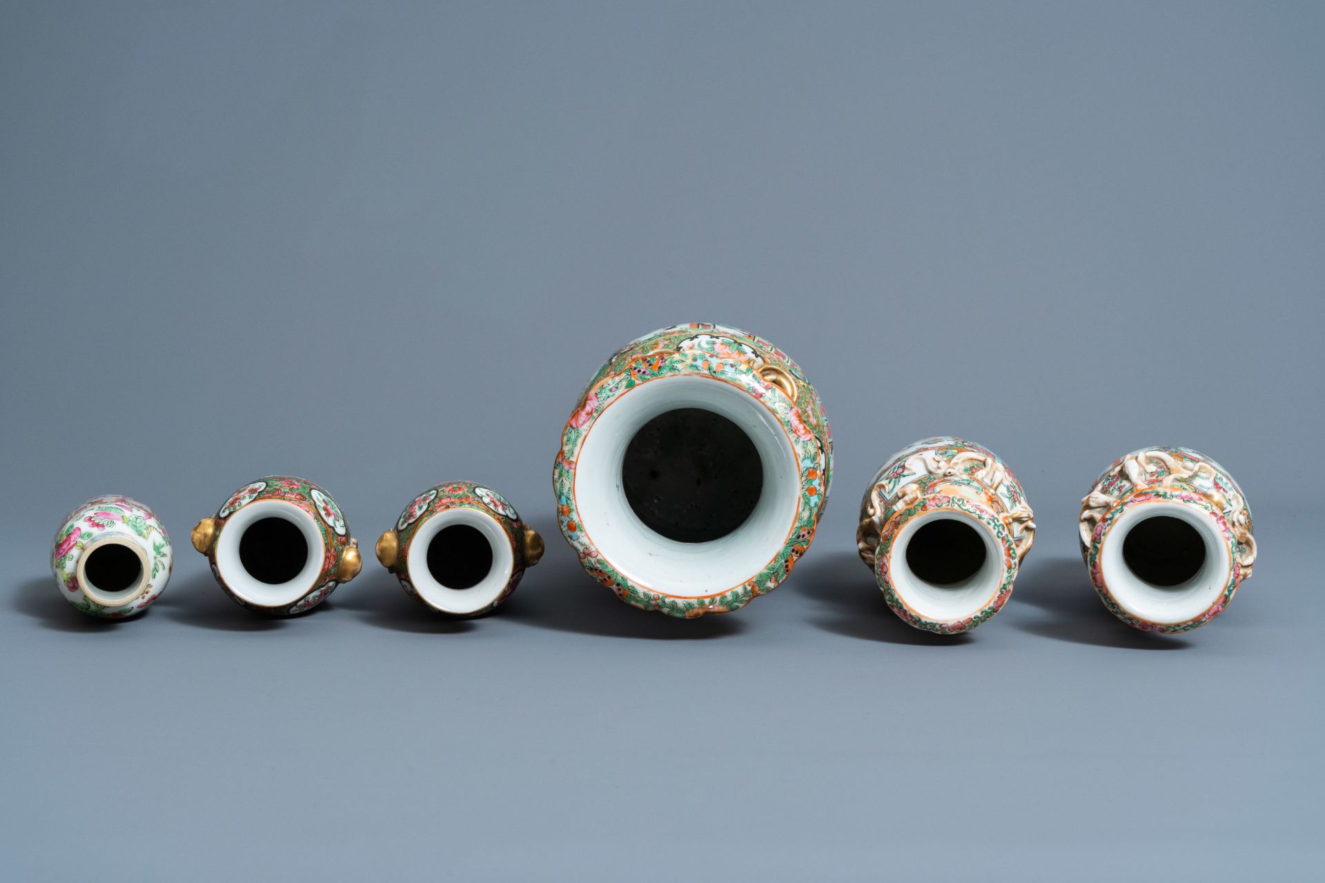 Six Chinese Canton famille rose vases, a jar and cover and a cream jug, 19th C. - Image 6 of 13