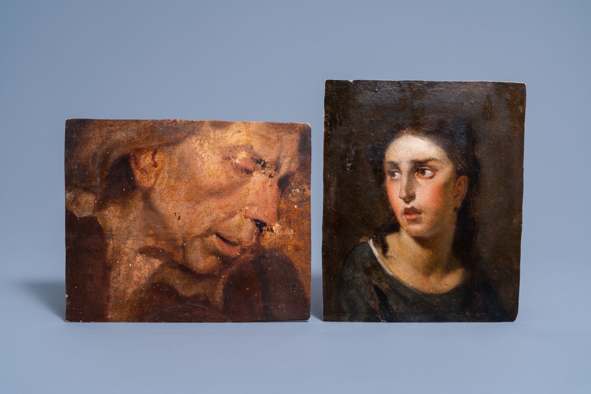 European school: Study of the head of a man and a woman, oil on paper, probably 18th C.