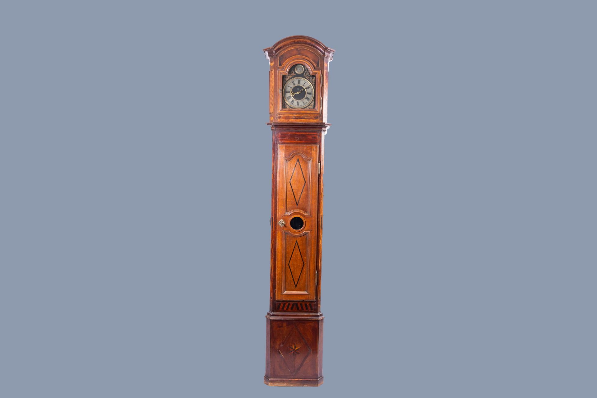 A large French wood longcase clock with various wood inlays, 19th C. - Image 4 of 11