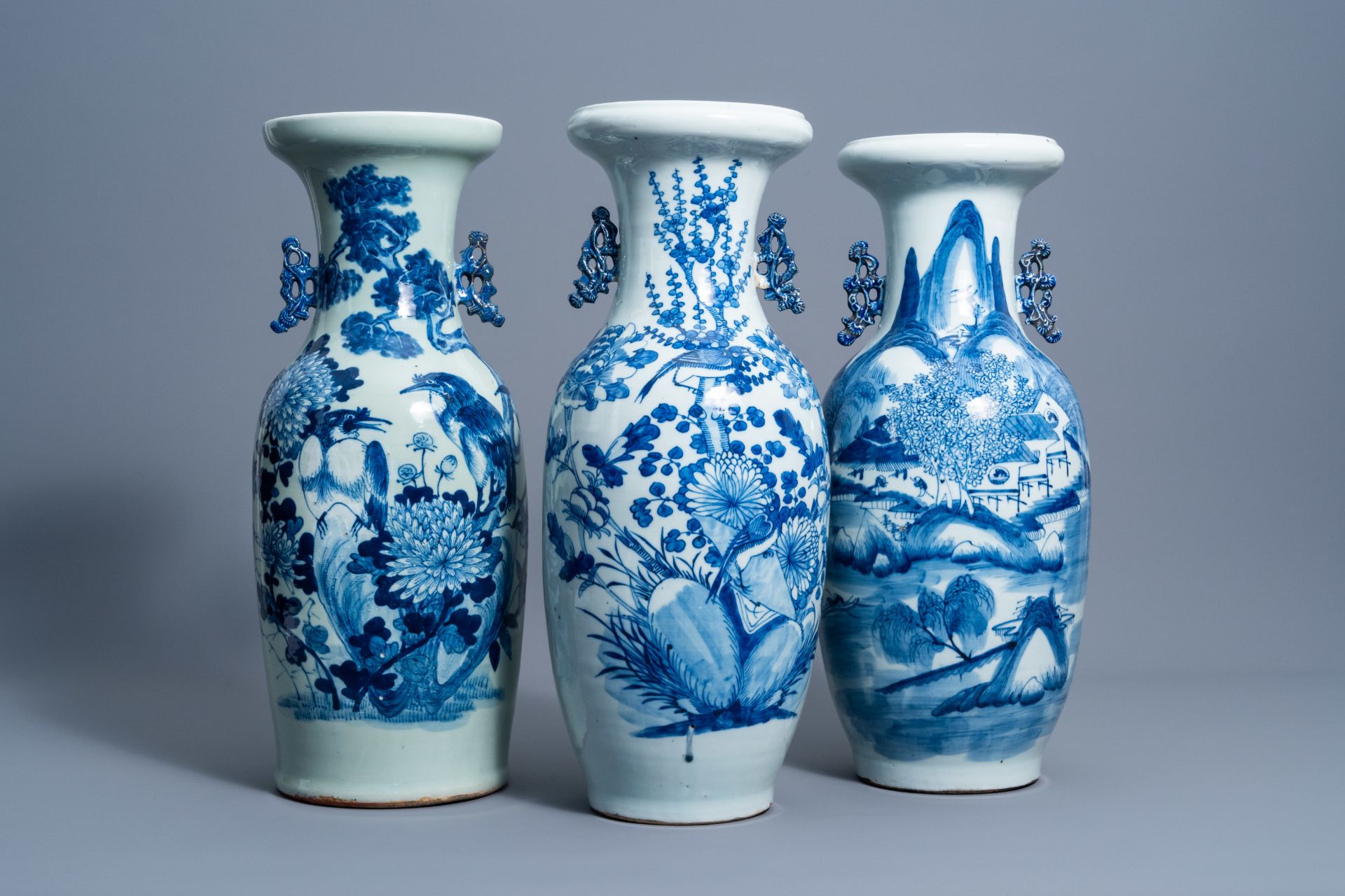 Three Chinese blue and white celadon ground vases with birds among blossoming branches and an animat - Bild 7 aus 7