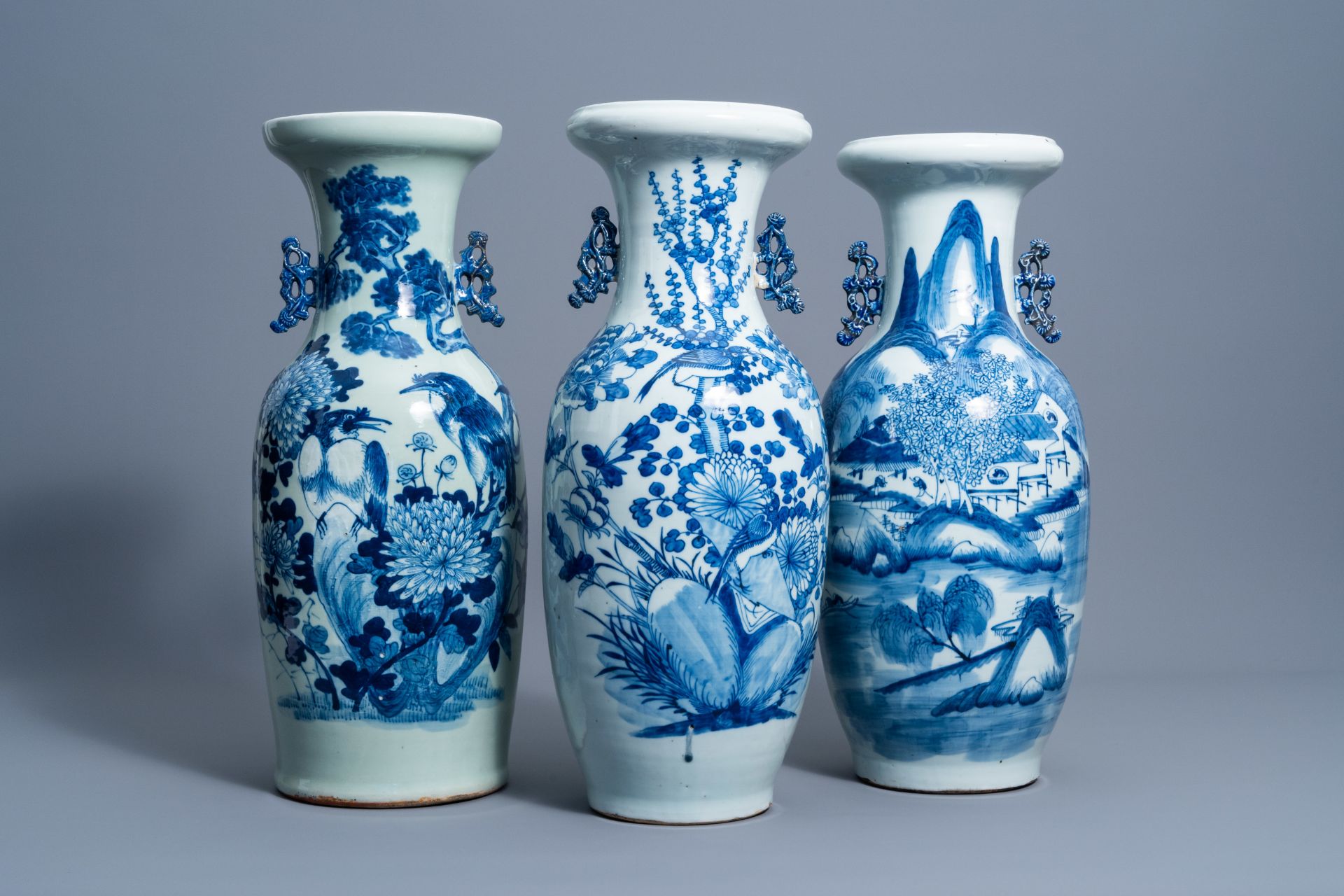 Three Chinese blue and white celadon ground vases with birds among blossoming branches and an animat - Image 7 of 7