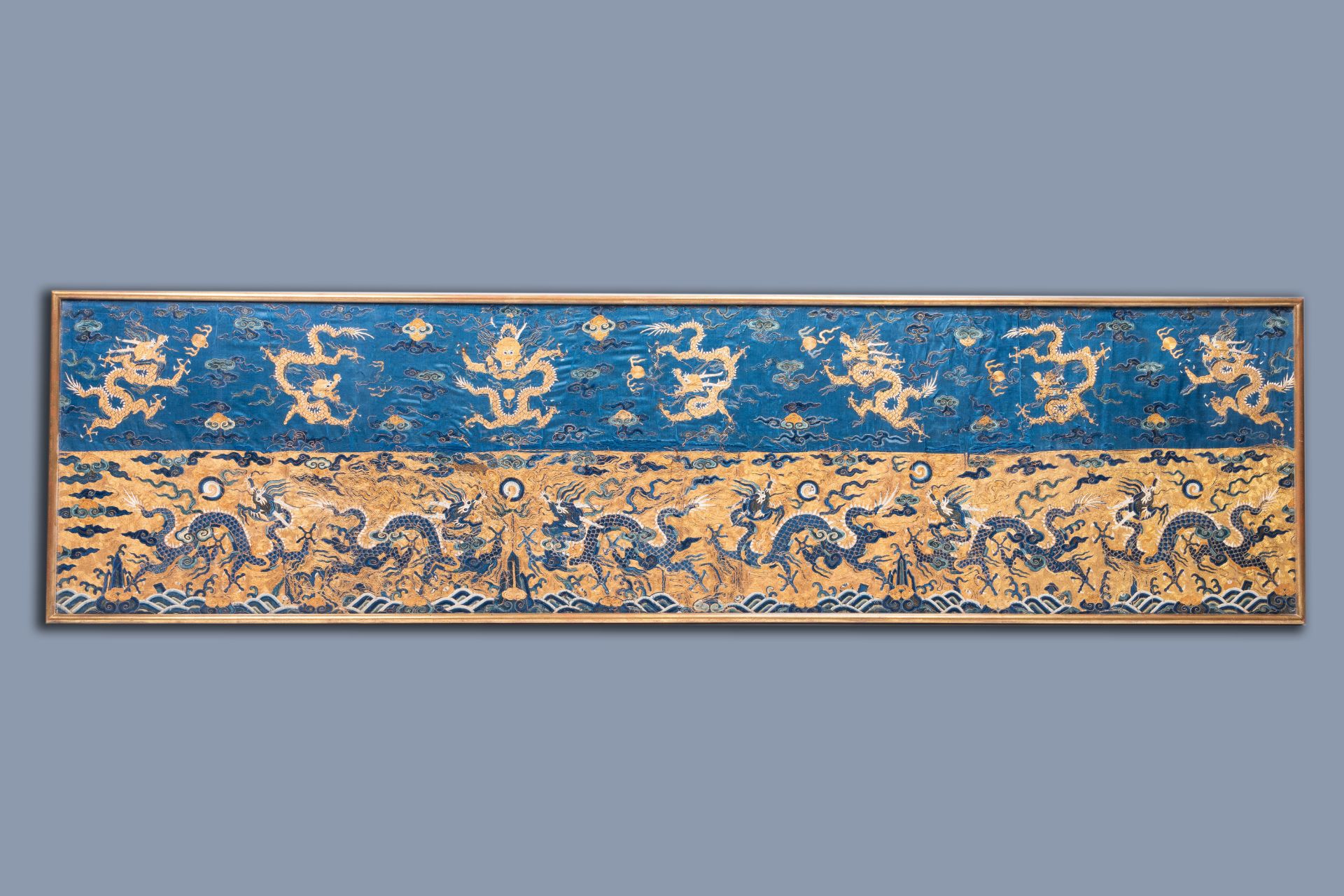 A Chinese rectangular embroidered silk 'dragons chasing the pearls' cloth, 19th C.