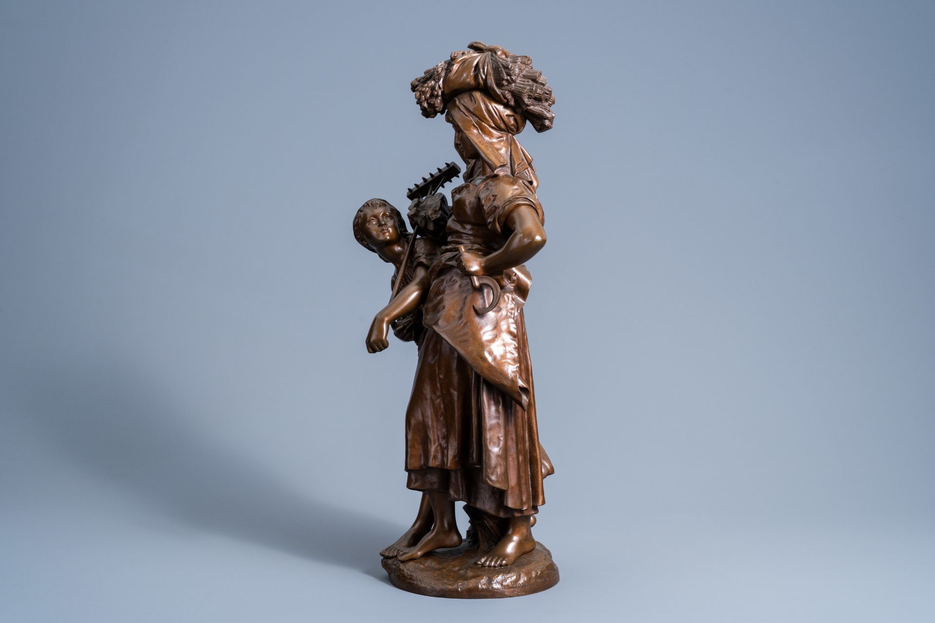 Mathurin Moreau (1822-1912): 'Le retour de la moisson', brown patinated bronze - Image 4 of 9