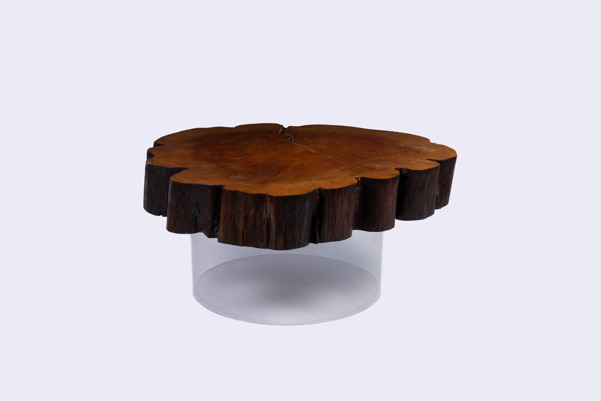 A Joaquim Tenreiro style tree trunk coffee table on a plexi base, third quarter of the 20th C. - Image 2 of 10