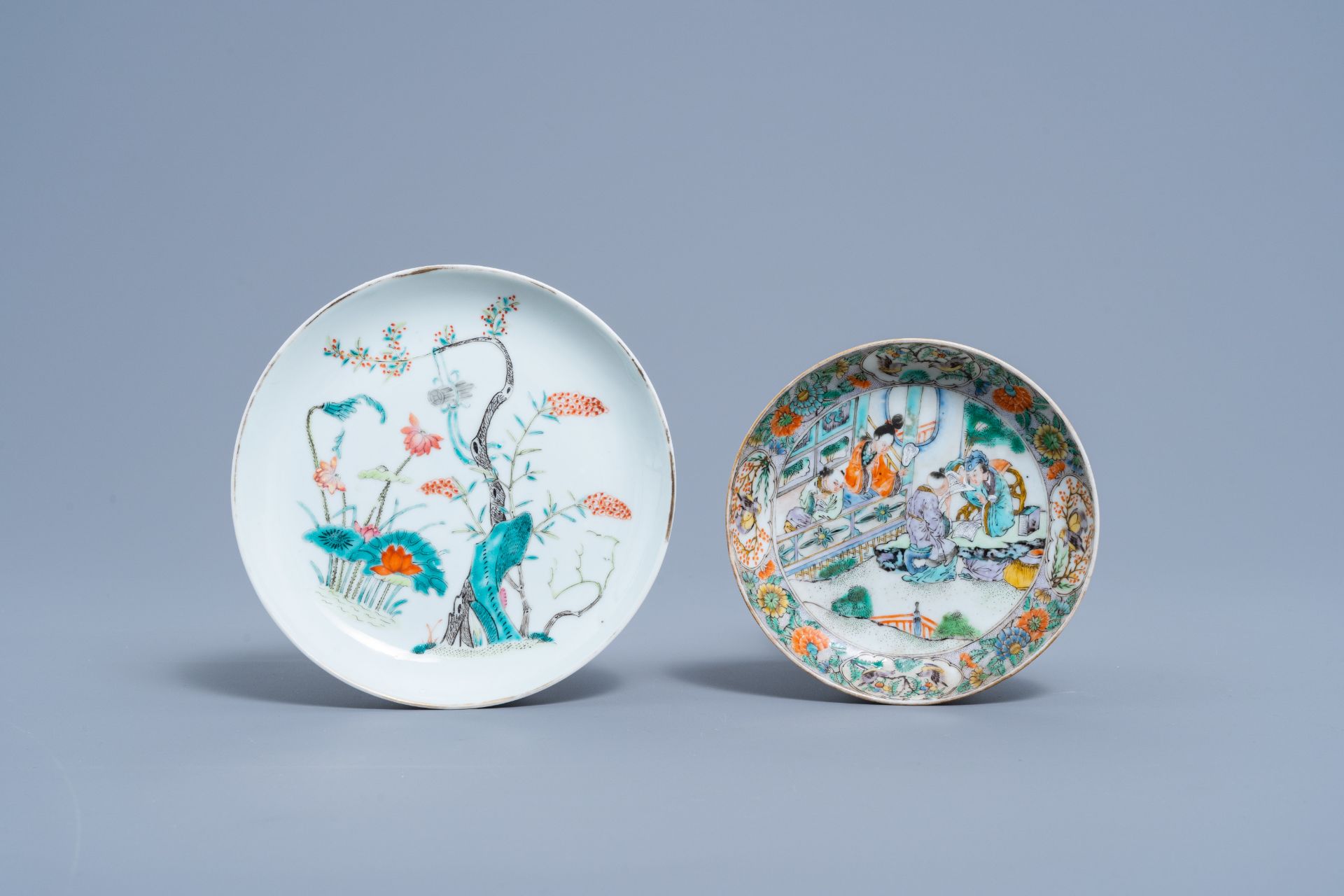 Two Chinese famille rose and verte plates and a turquoise and aubergine glazed parrot, 19th C. - Image 2 of 10