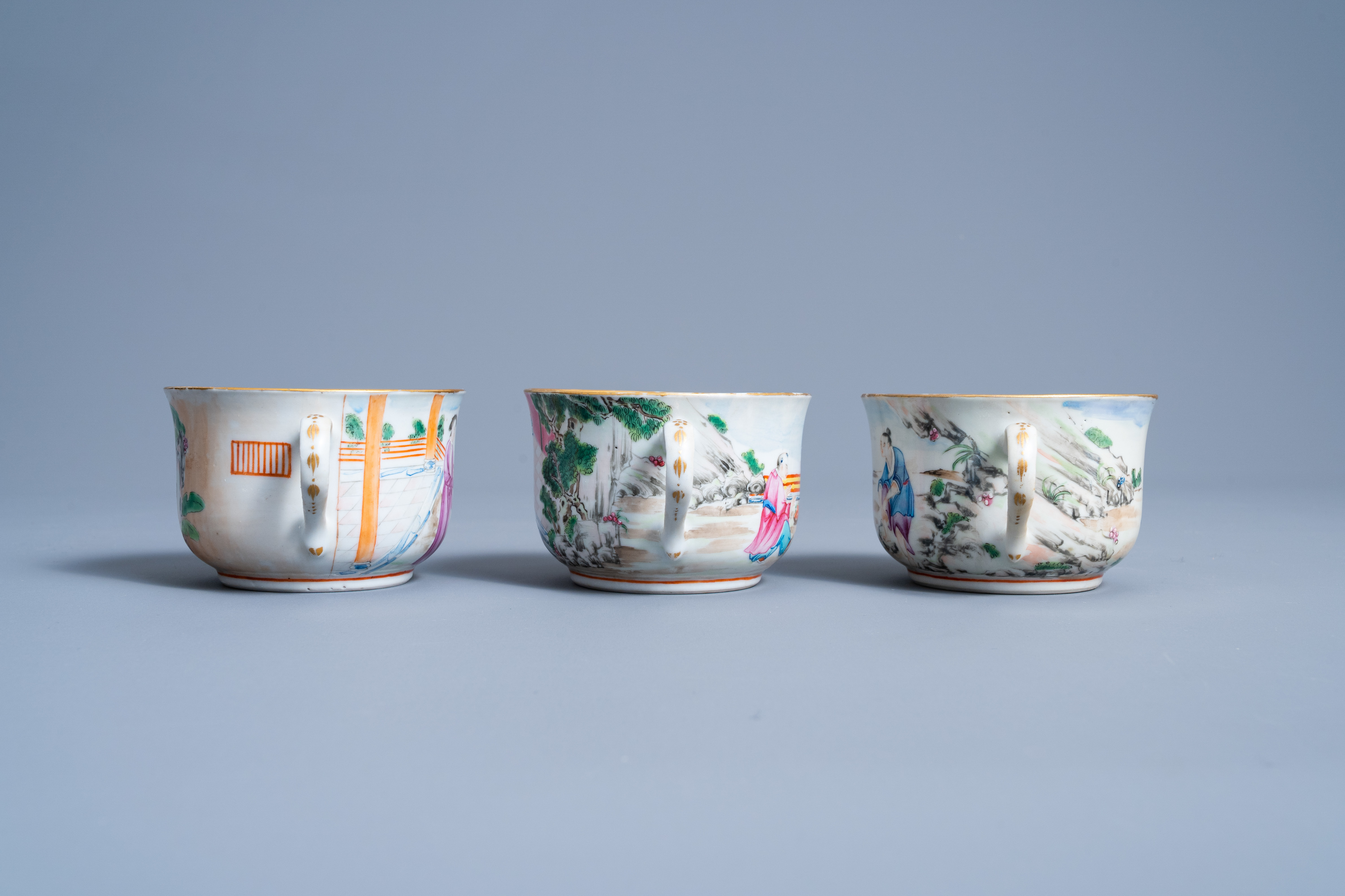 Three Chinese Canton famille rose cups and saucers with figures in a landscape, 19th C. - Image 6 of 10