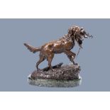 Emile DŽsirŽ Lienard (1842-?): Hunting dog with pheasant, brown patinated bronze on a vert de mer ma