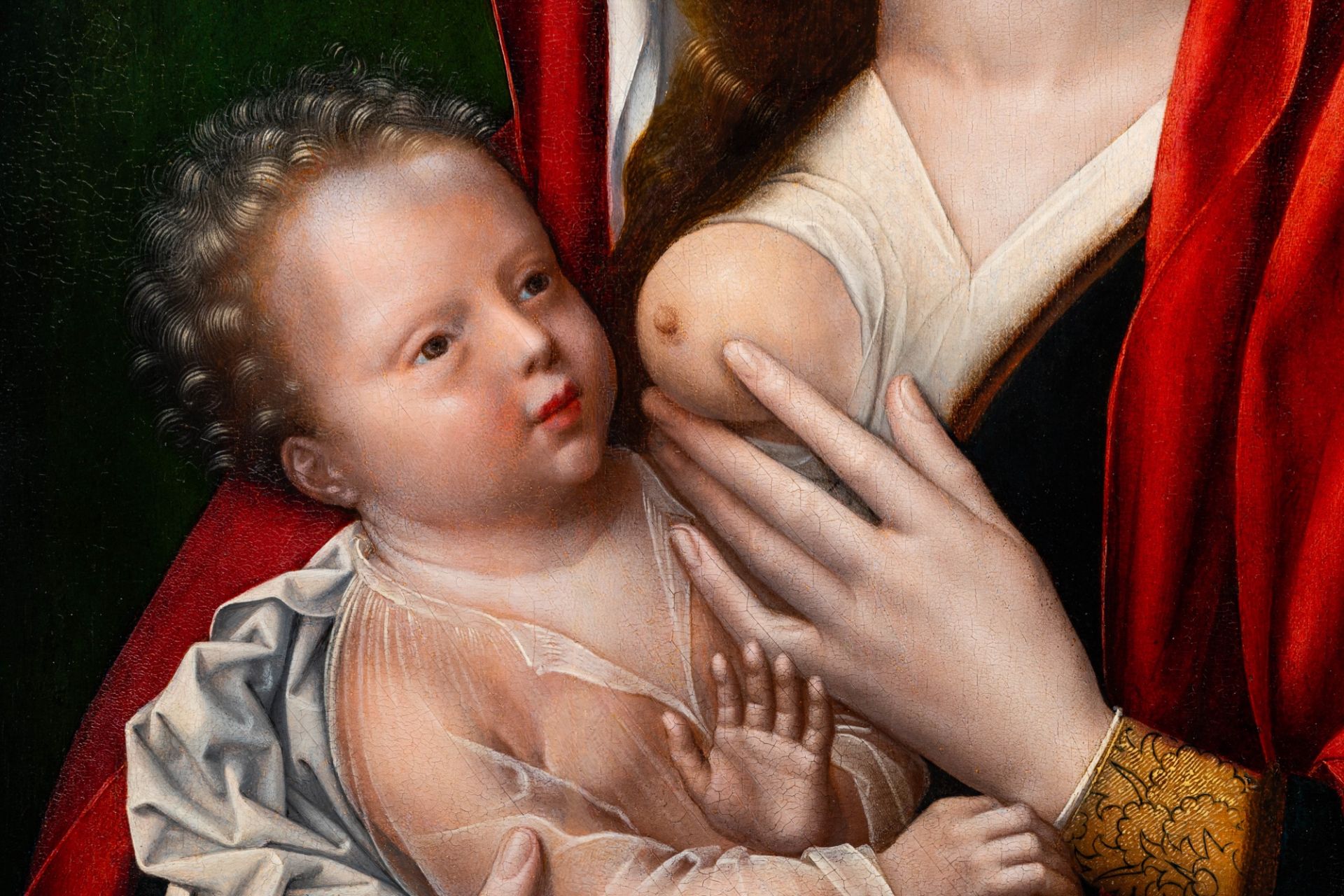 Bruges school: Maria Lactans, oil on panel, mid 16th C. - Image 7 of 12