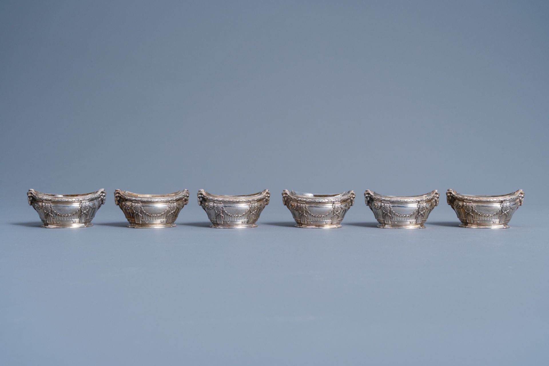 Six silver Louis XVI style salts with spoon with matching 'Wolfers Frres' case, 950/000, maker's ma - Image 11 of 20