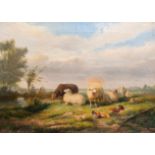 Attributed to Cornelis Van Leemputten (1841-1902): Sheep and chickens in a meadow, oil on canvas