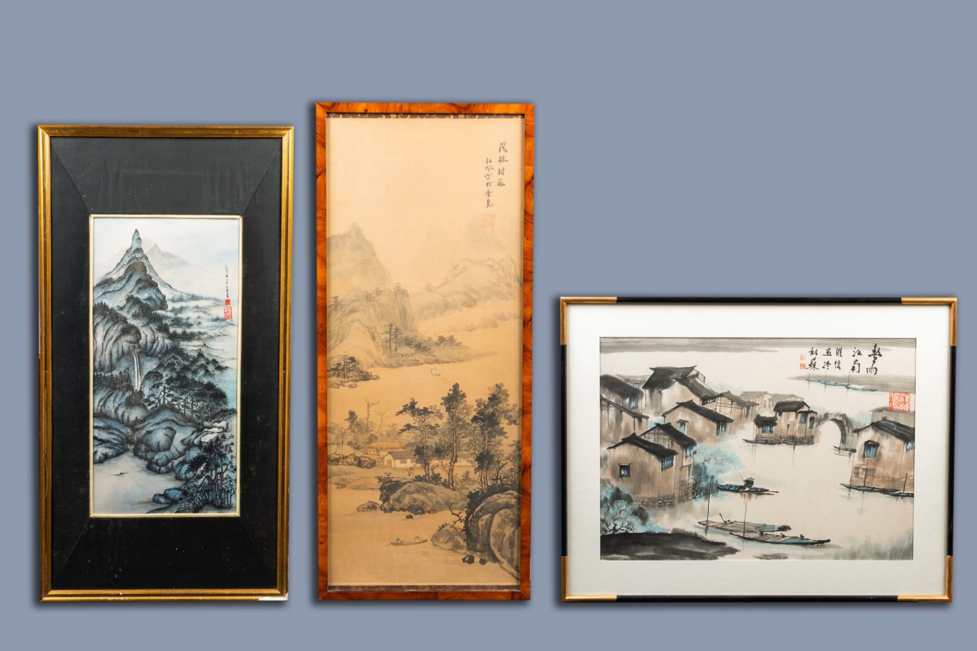 Chinese school: Three river landscapes, ink and colours on paper and silk, 20th C. - Image 2 of 14