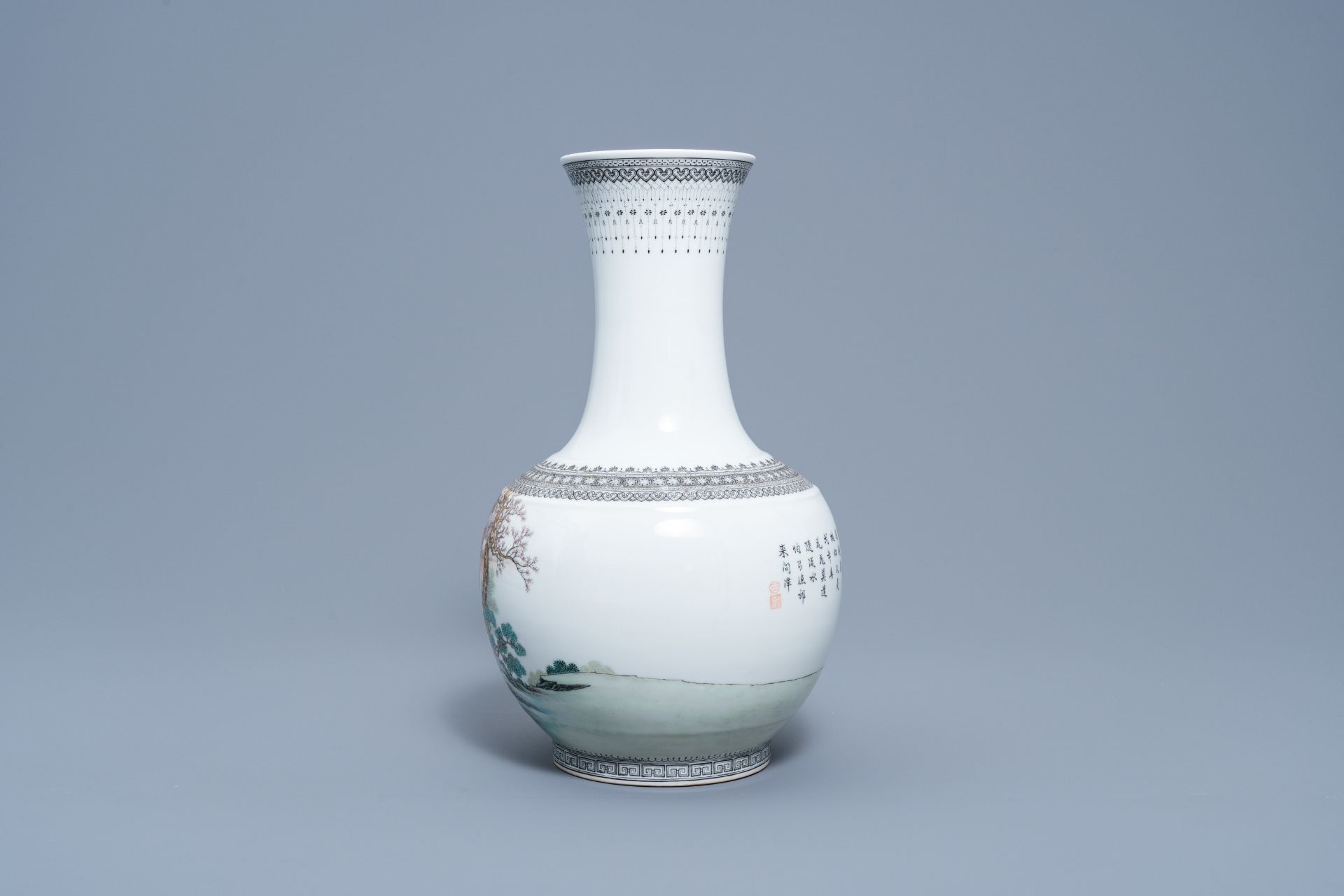 A Chinese bottle shaped famille rose vase with a visit to the family, Qianlong mark, Republic, 20th - Image 2 of 6