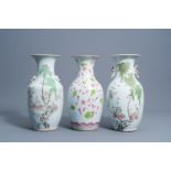 Three various Chinese famille rose and qianjiang cai vases with birds among blossoming branches and