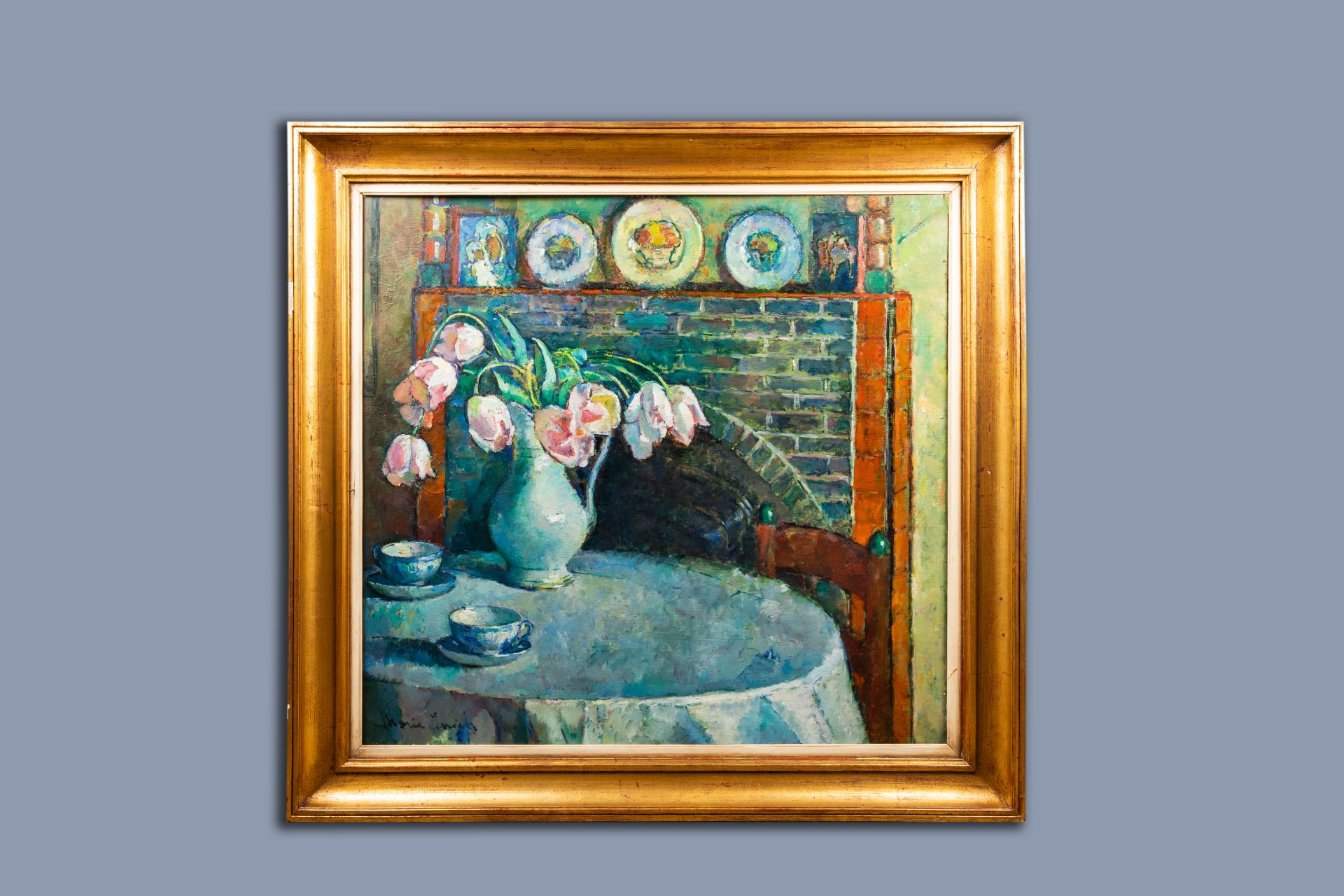 Marie Ingels (1884-1960): Interior with flower vase, oil on board - Image 2 of 4