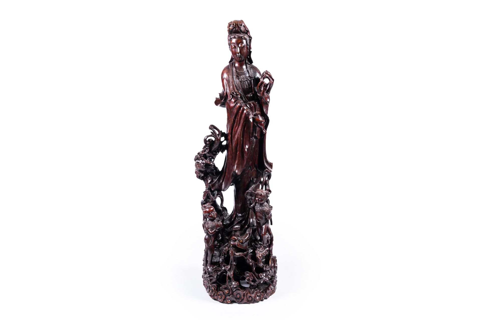 A massive Chinese carved wood group with a Guanyin, children and a dragon, 20th C. - Image 2 of 14