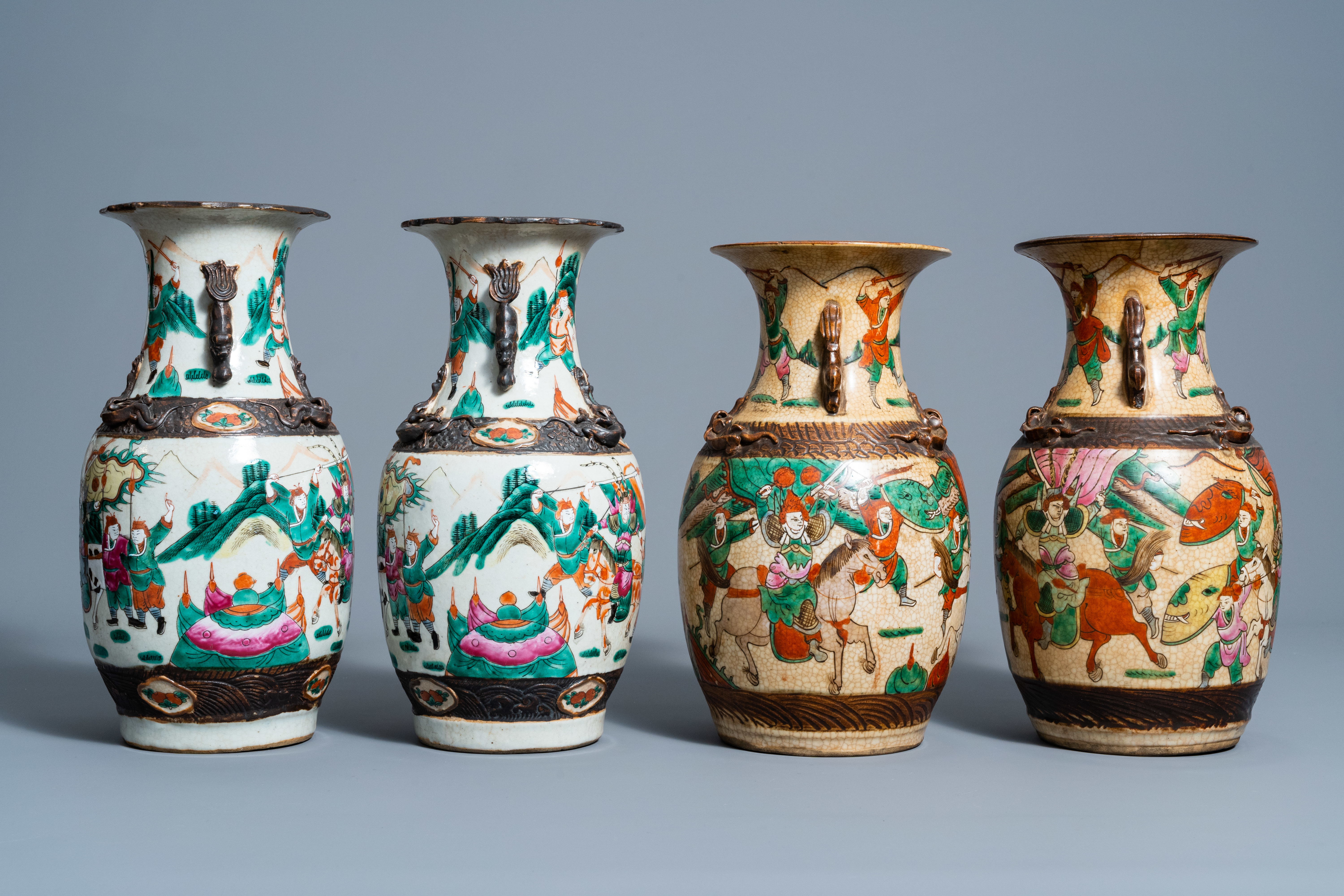 A varied collection of eight Chinese Nanking crackle glazed famille rose and verte vases with warrio - Image 11 of 13