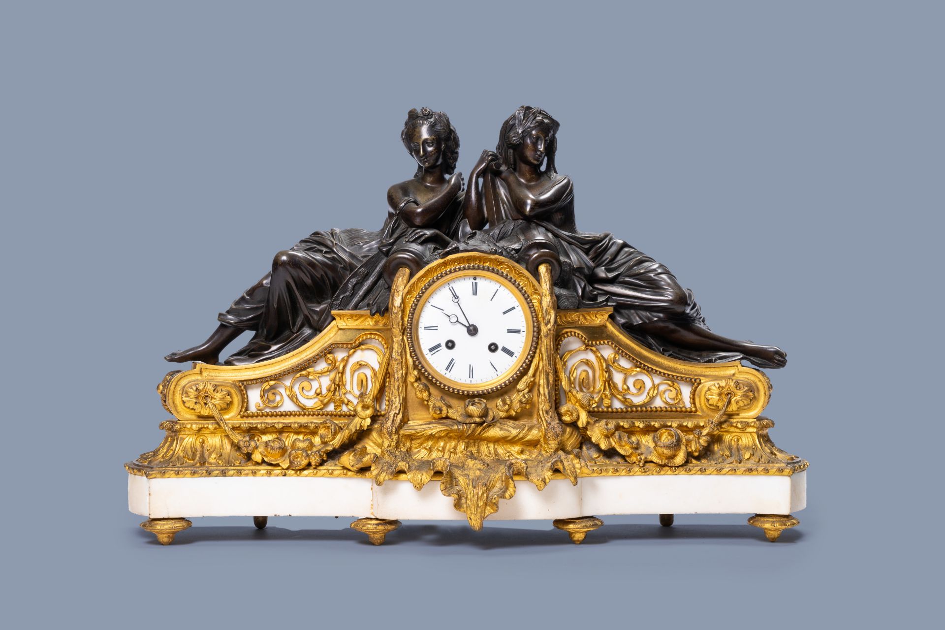 A French gilt and patinated bronze and white marble mantel clock with the sources of life, 19th C.