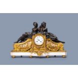 A French gilt and patinated bronze and white marble mantel clock with the sources of life, 19th C.