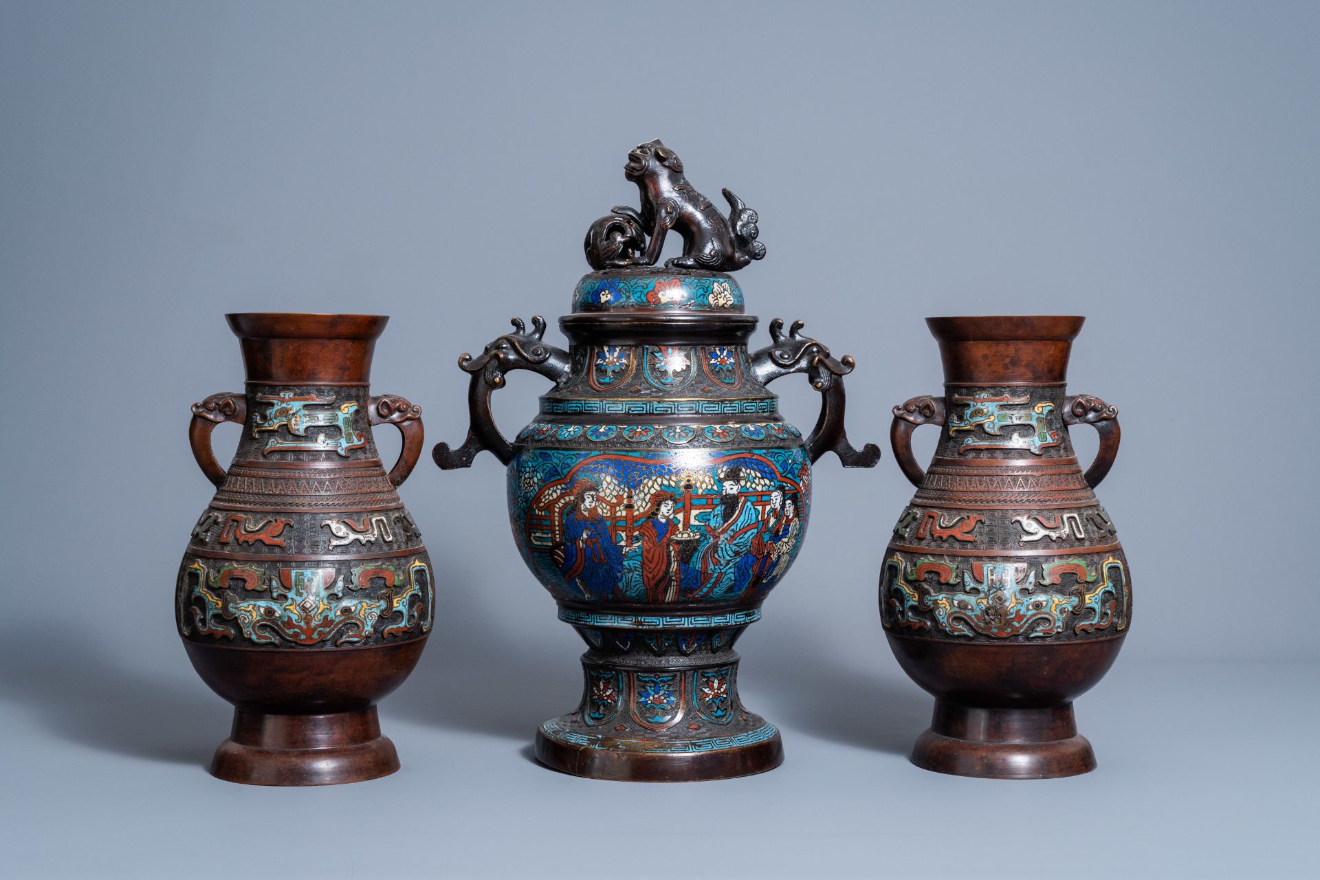 A pair of Chinese or Japanese cloisonnŽ and champlevŽ enamel vases and a 'koro' incense burner, Meij - Image 4 of 7