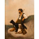 V. Herelma (19th C.): Man in the company of his two dogs by the side of the road, oil on panel