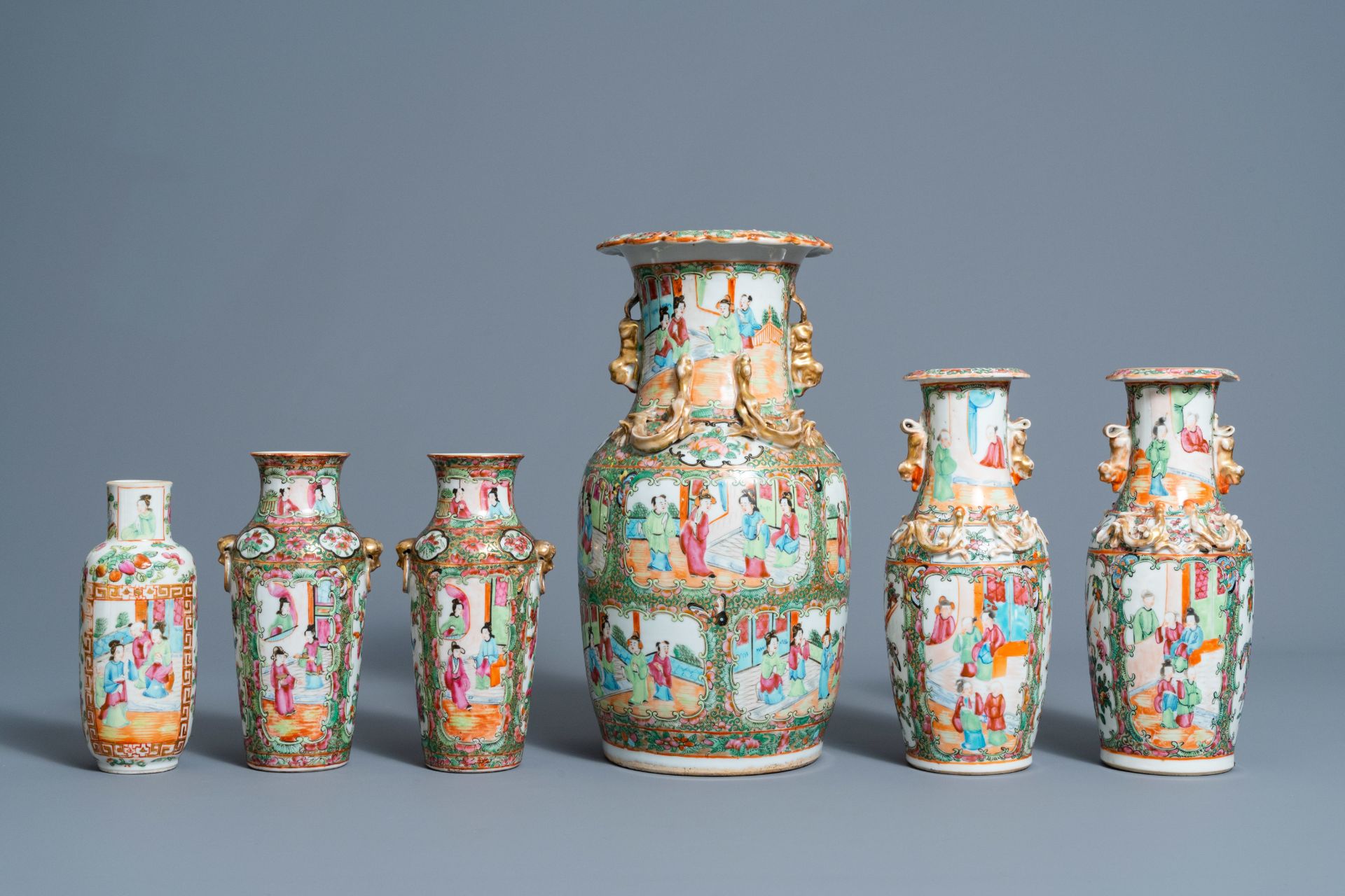 Six Chinese Canton famille rose vases, a jar and cover and a cream jug, 19th C. - Image 2 of 13