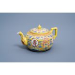 A Chinese famille rose yellow ground 'birthday' tea pot and cover, Guangxu mark and probably of the