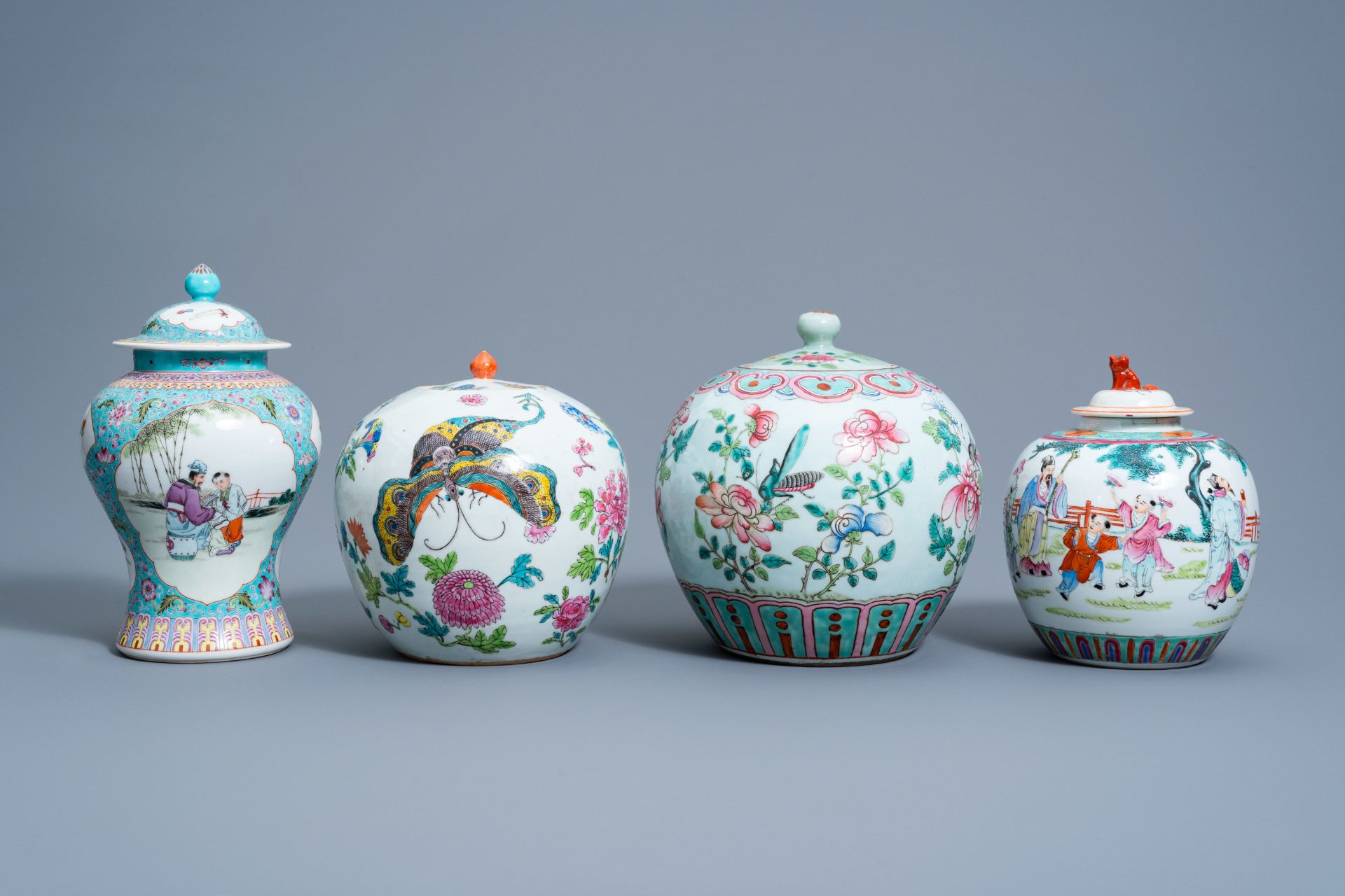 Four various Chinese famille rose jars and vases and covers with insects among blossoming branches a - Image 2 of 9