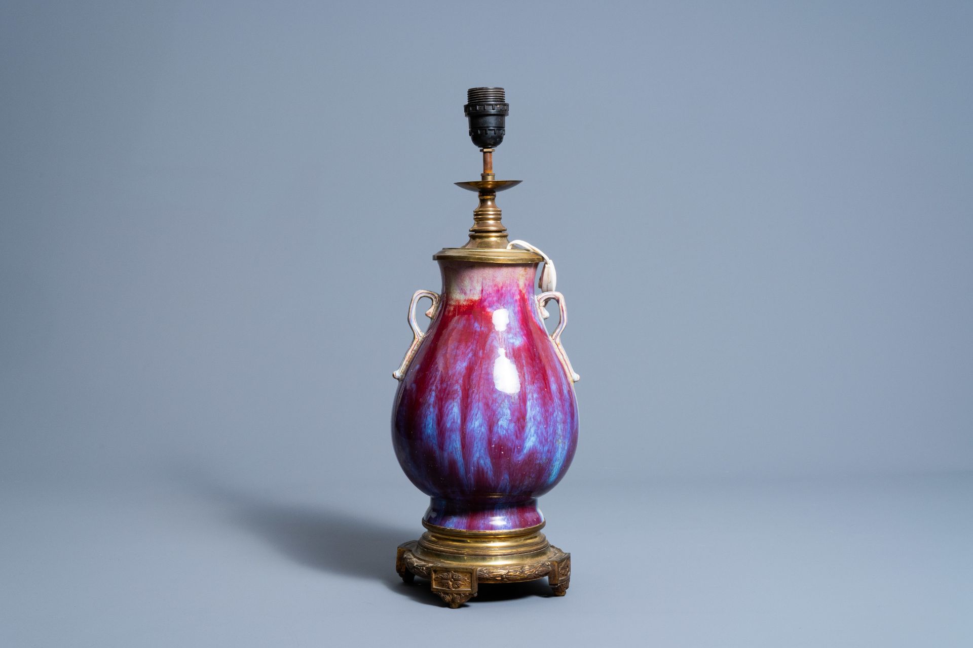 A Chinese flambŽ glazed 'hu' vase mounted as a lamp, Qianlong mark, 19th/20th C. - Image 3 of 6