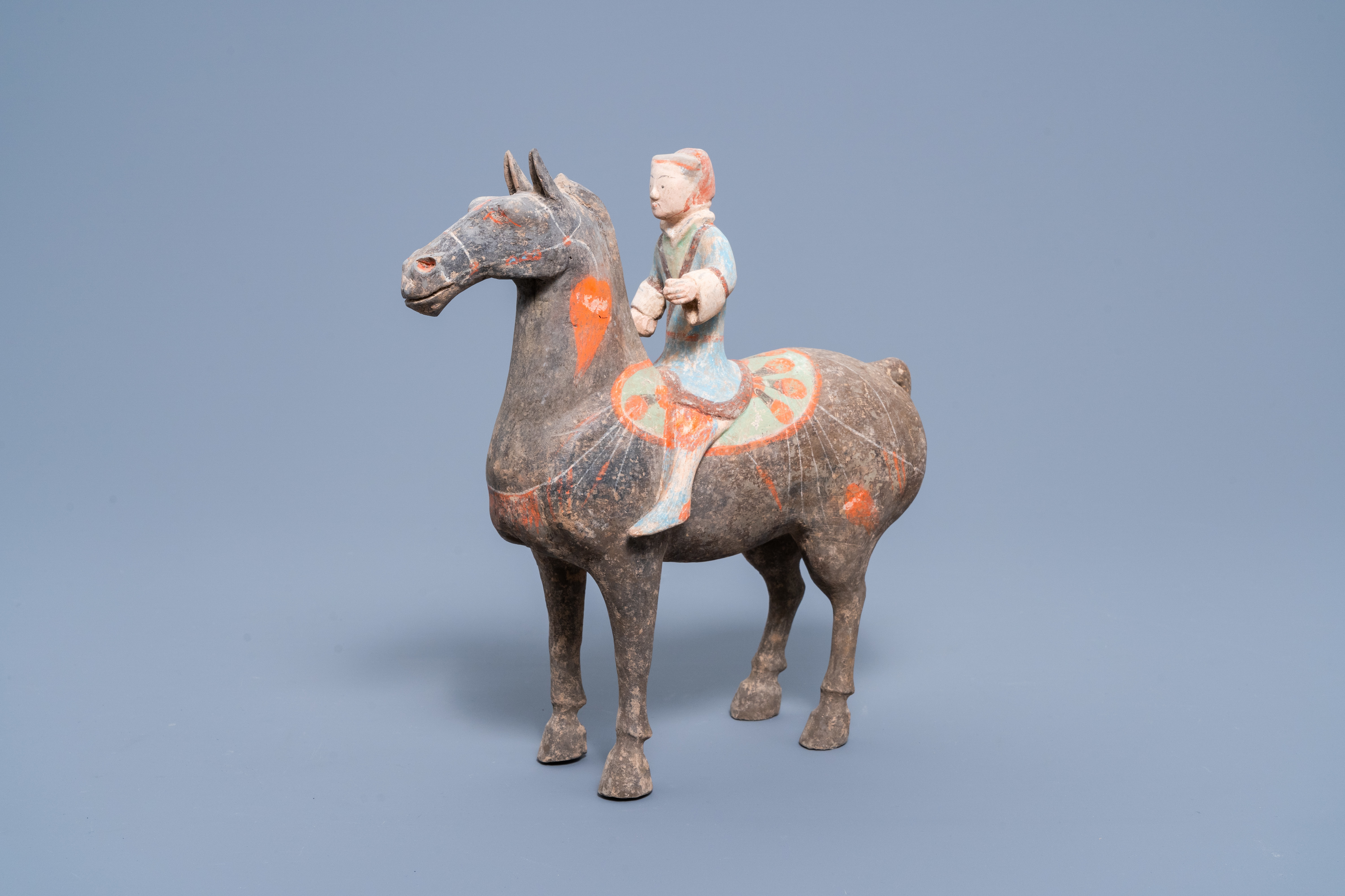 A Chinese polychrome painted pottery equestrian figure, Han - Image 3 of 10