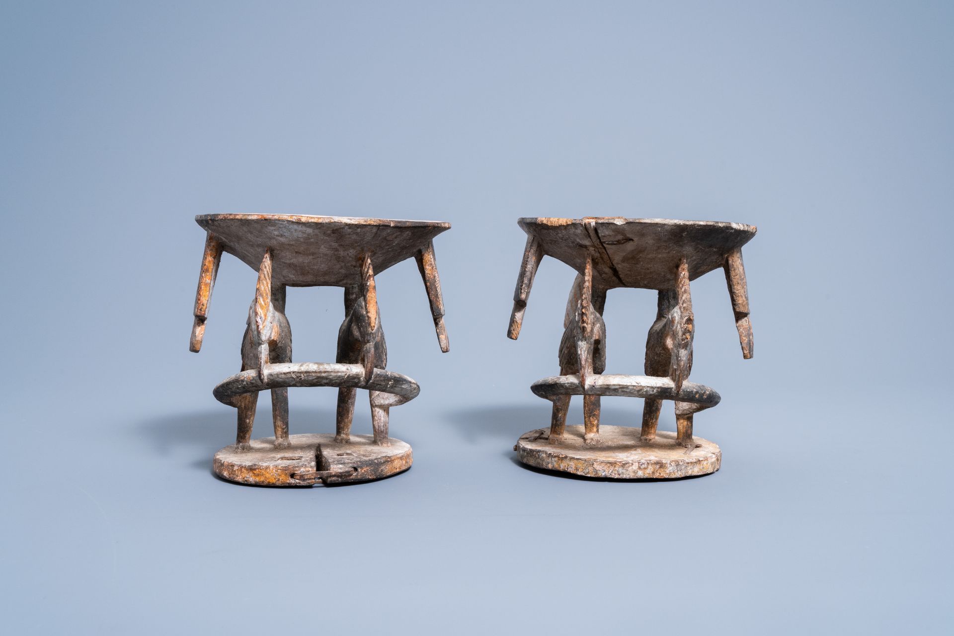 A pair of carved wood and polychrome painted 'Ifa divination' bowls with birds, Yoruba, Nigeria, 20t - Image 4 of 8