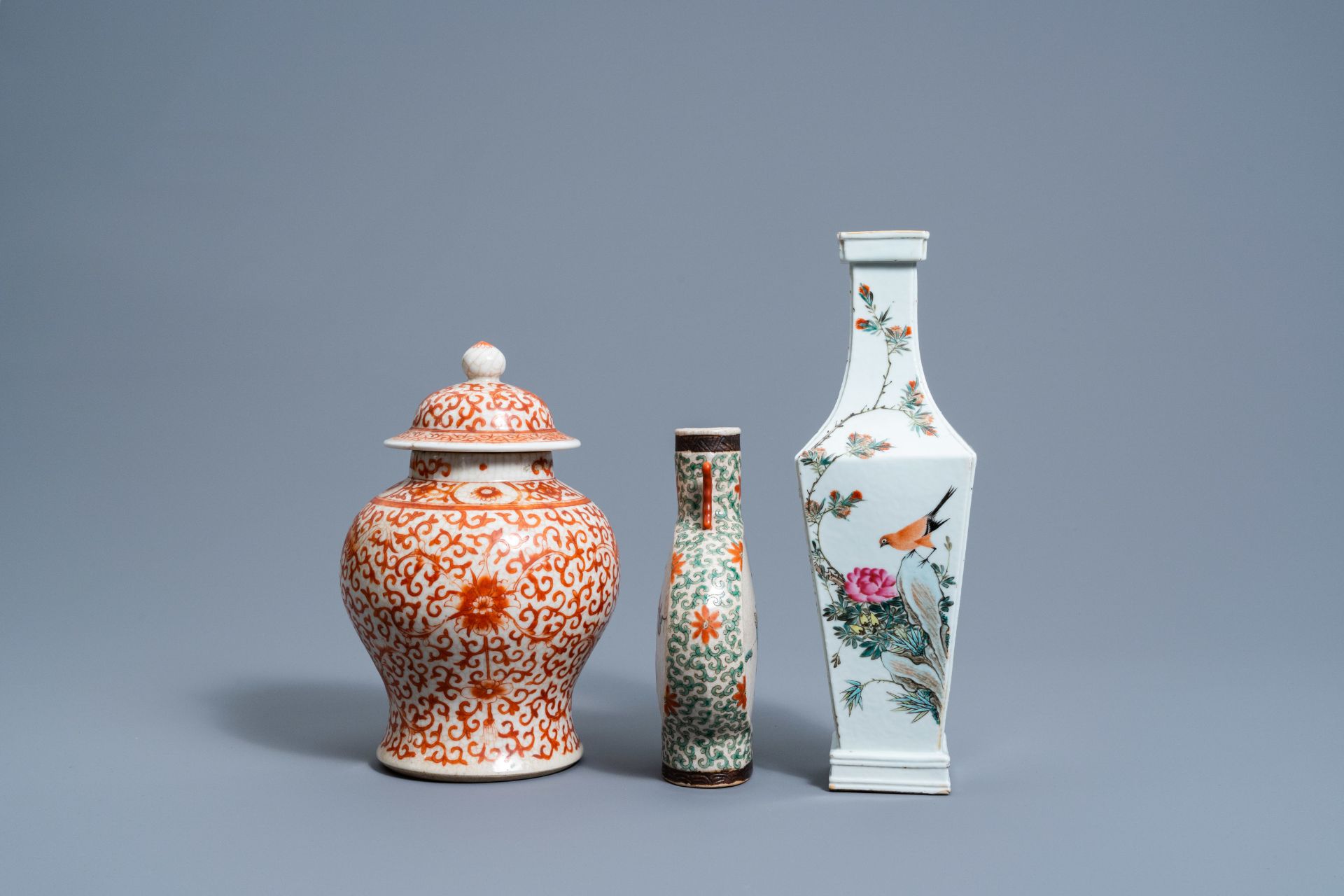 A Chinese square famille rose vase, an iron-red vase and cover and a Nanking crackle glazed famille - Image 5 of 7