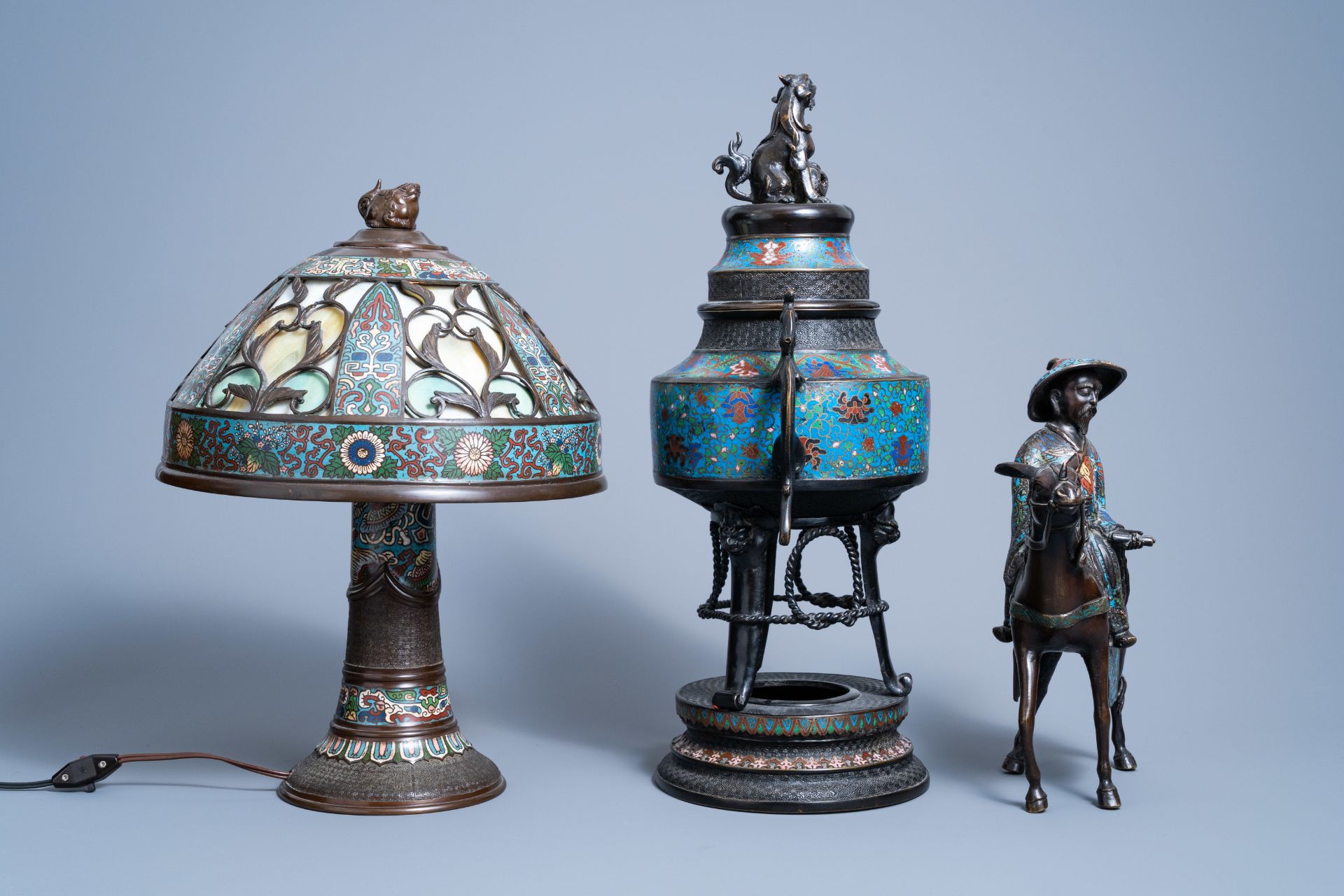 A Japanese champlevŽ enamel and bronze incense burner, a group with Toba on his mule and a table lam - Image 6 of 12