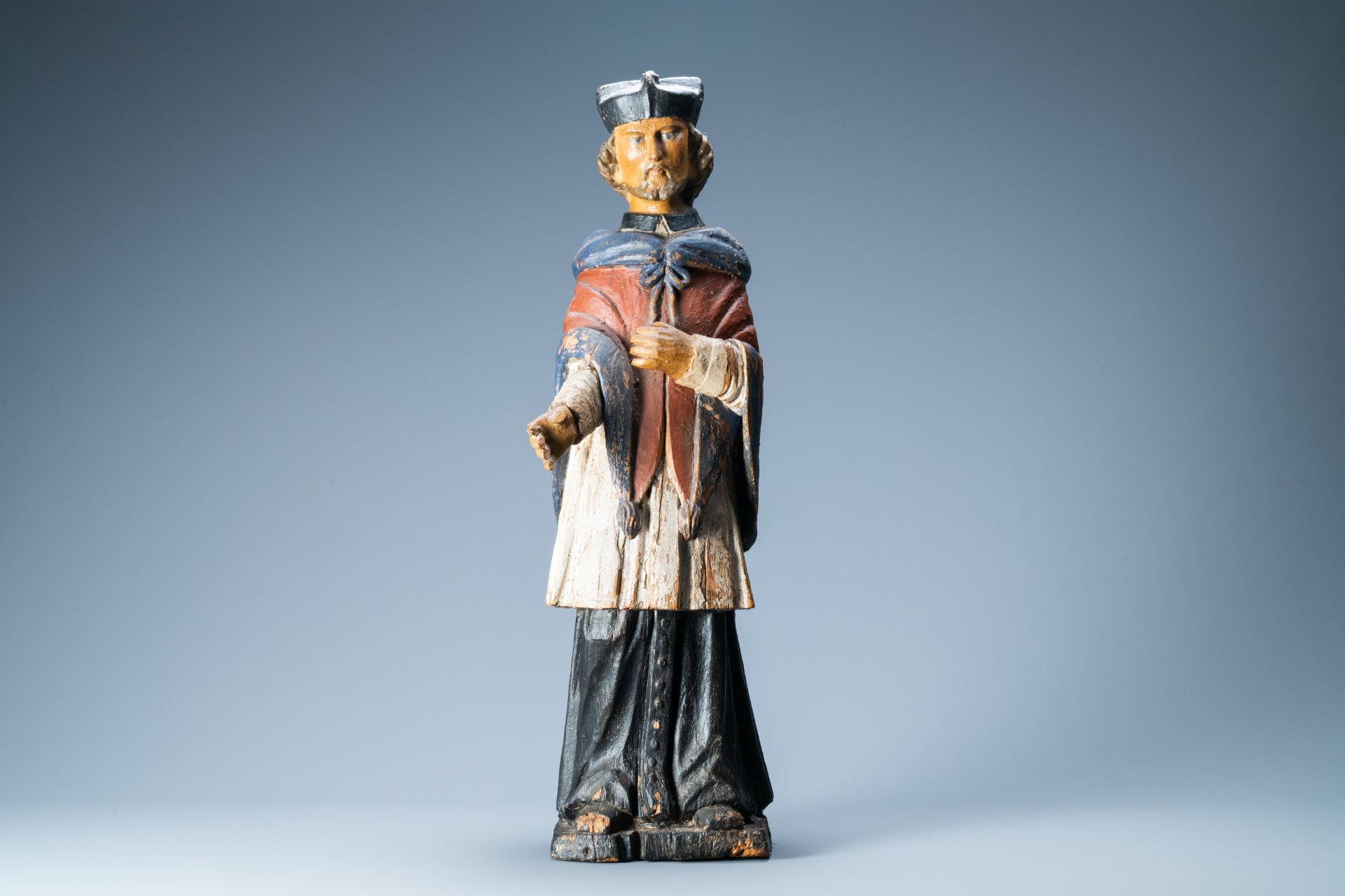 A carved and polychrome painted wooden figure of Saint John of Nepomuk, probably Germany, 17th/18th - Image 2 of 7