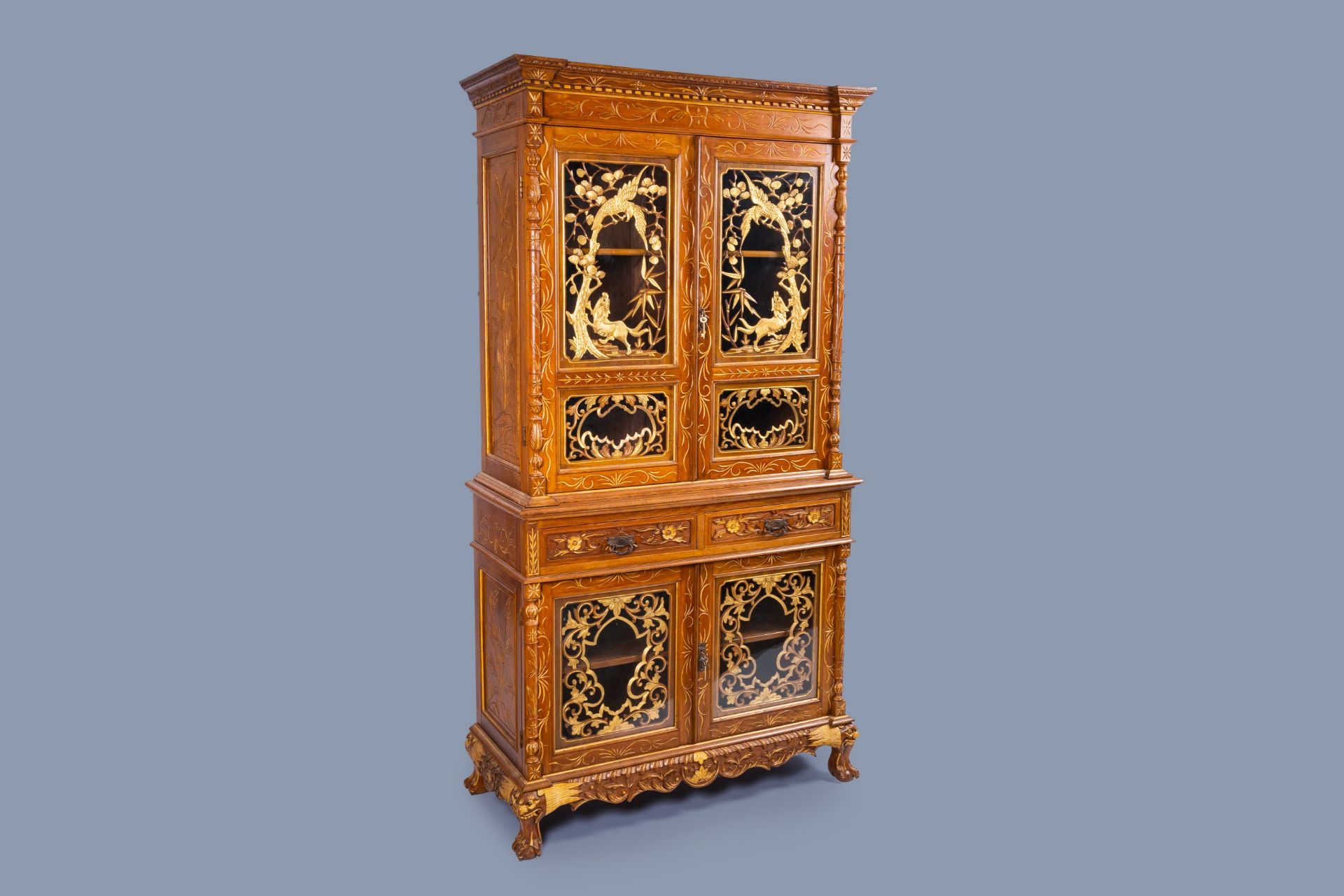 A Chinese Straits or Peranakan market gilt wood four-door cabinet, 19th C.