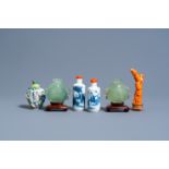 A Chinese carved red coral figure of a lady on a wood base and five various jadeite and porcelain sn