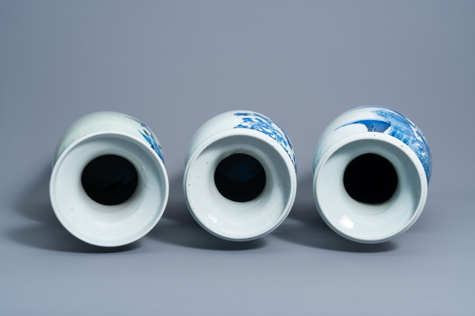 Three Chinese blue and white celadon ground vases with birds among blossoming branches and an animat - Image 5 of 7