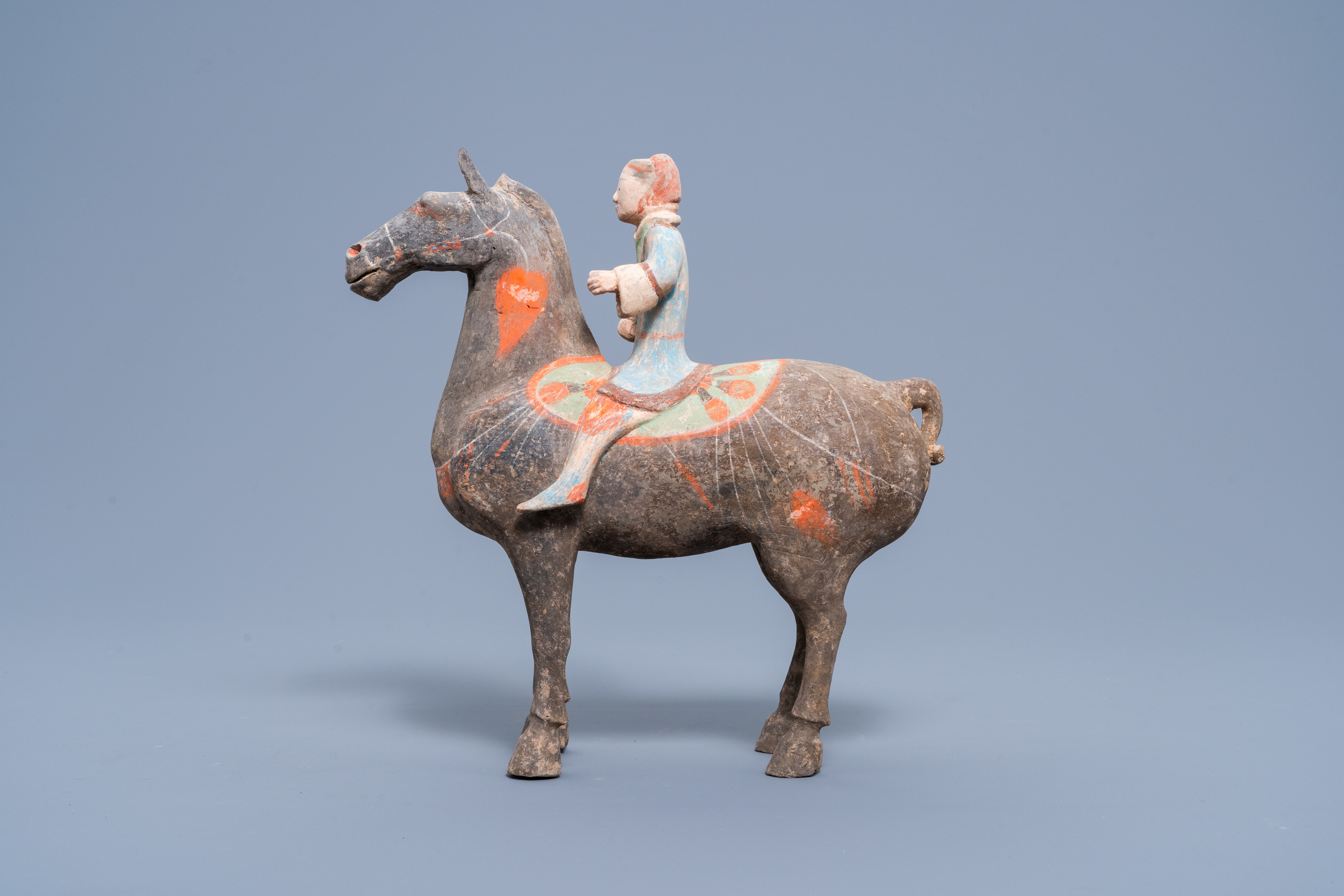 A Chinese polychrome painted pottery equestrian figure, Han - Image 5 of 10