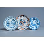 Three Chinese blue, white and Imari style plates, Kangxi/Qianlong