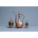 Two bronze incense burners and a coppered pewter ewer, Qajar, 19th/20th C.