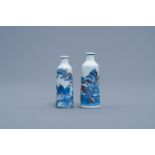 Two Chinese blue, white and copper-red snuff bottles, 19th/20th C.