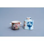 A Chinese Imari style tea caddy and a famille rose 'Mandarin' jar with shell handles, Qianlong