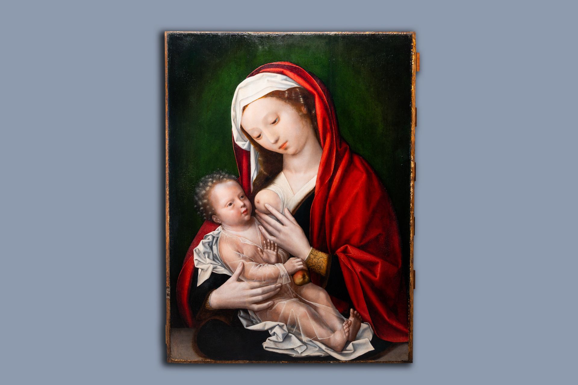 Bruges school: Maria Lactans, oil on panel, mid 16th C. - Image 2 of 12