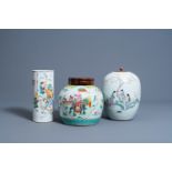 Two Chinese famille rose and qianjiang cai jars and covers and a famille rose hat stand with figurat