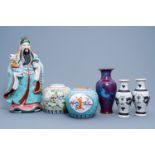 A Chinese famille rose 'Star god' figure and five polychrome vases and jars, 20th C.