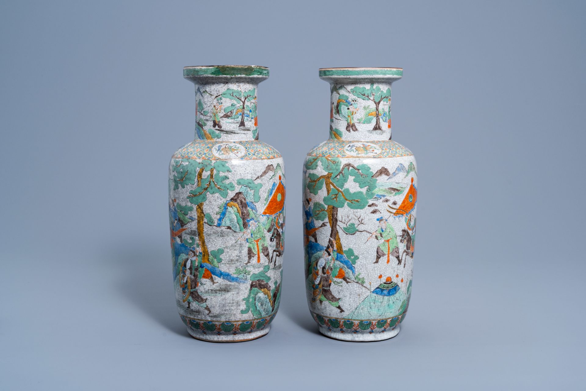 A pair of Chinese Nanking craquelŽ famille verte 'warrior' vases, 19th C. - Image 2 of 6
